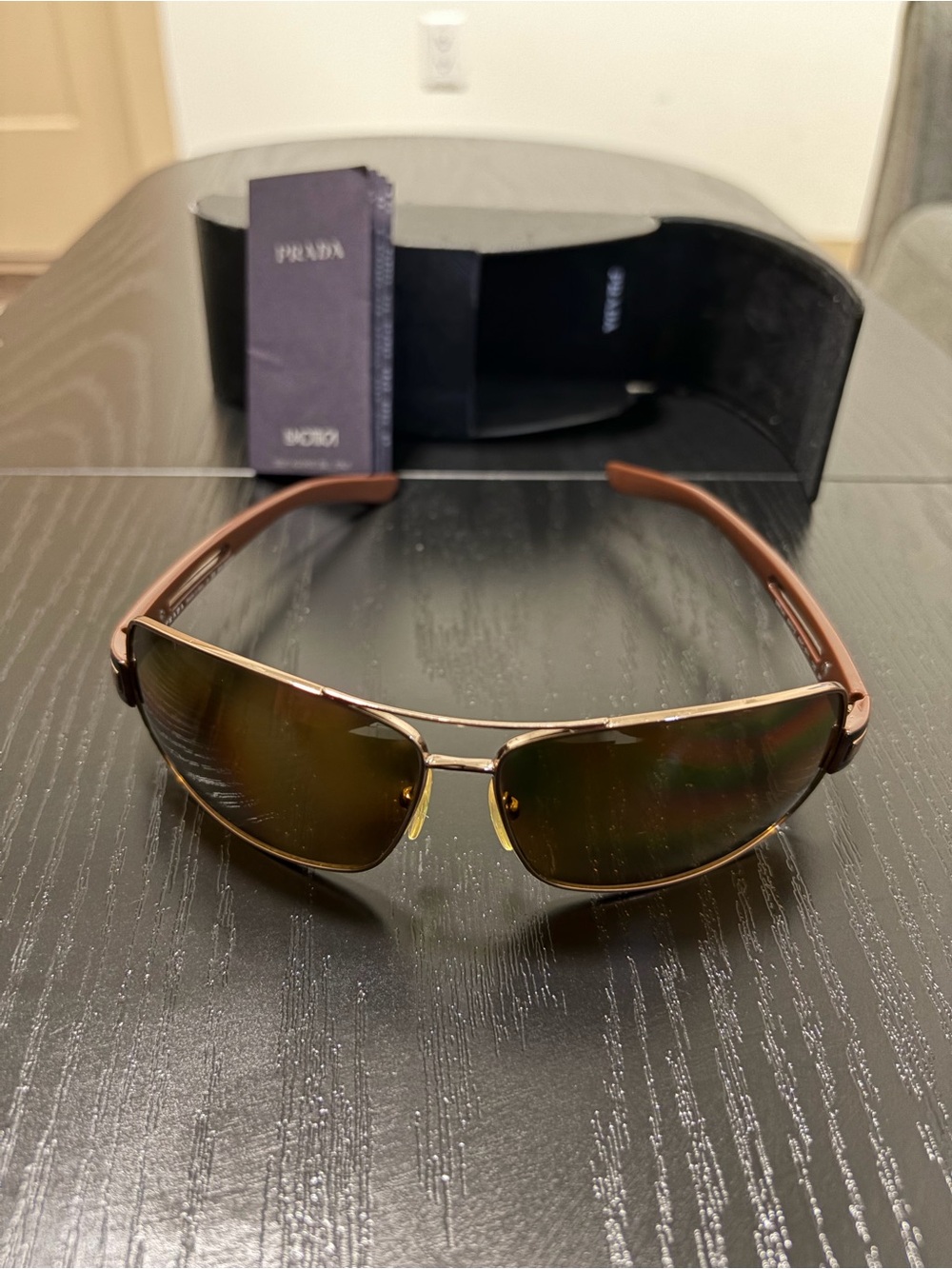 Vintage Y2K Prada Brown Wrap Shield Sunglasses w/ Case & Booklet